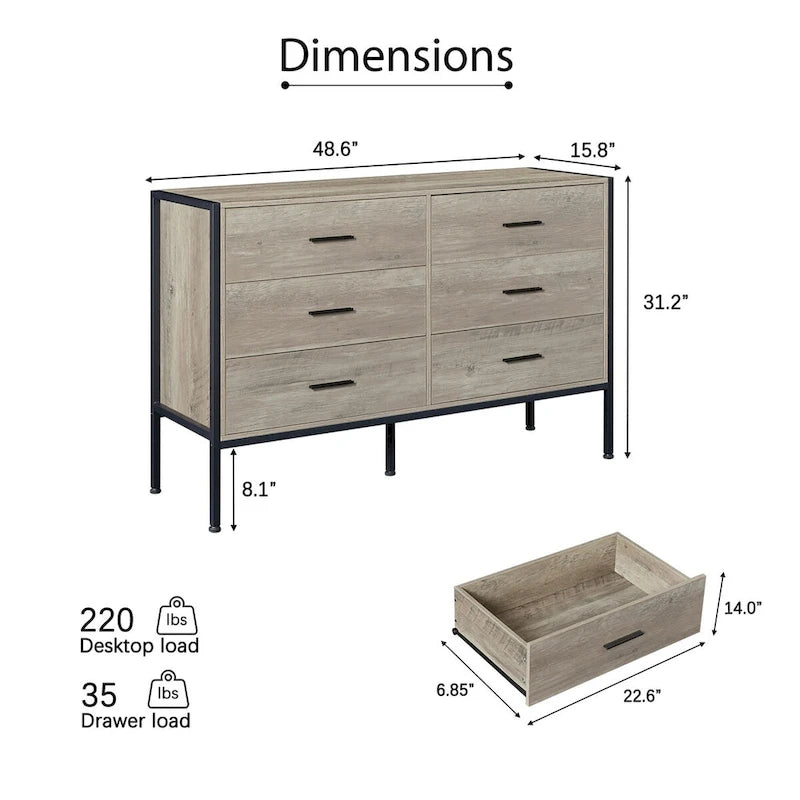 Holzkommode mit 6 Schubladen und Stahlgestell für Schlafzimmer oder Kleiderschrank