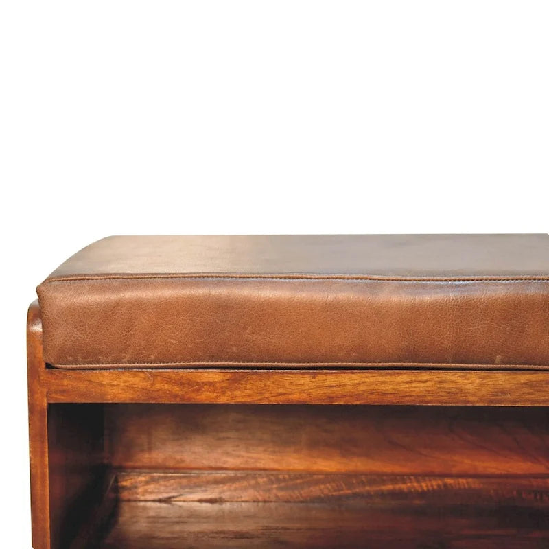 Schuhschrank aus massivem Mangoholz mit Büffelleder-Oberseite und 2 Auszügen