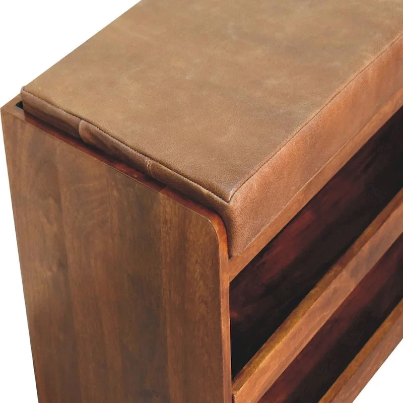 Schuhschrank aus massivem Mangoholz mit Büffelleder-Oberseite und 2 Auszügen