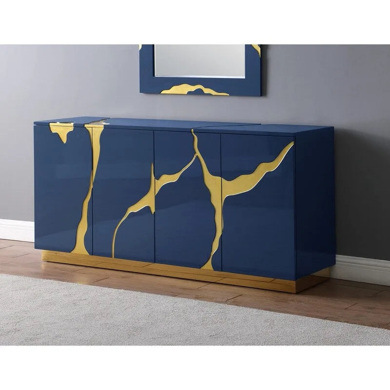 Credenza a 4 ante alta 66 pollici, laccata lucida, con base dorata e ripiani regolabili