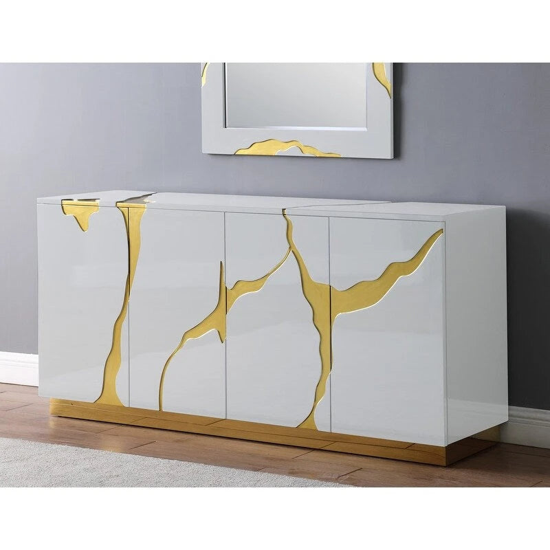 Credenza a 4 ante alta 66 pollici, laccata lucida, con base dorata e ripiani regolabili