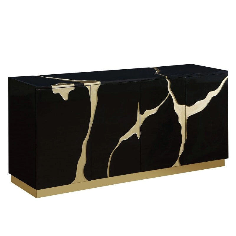 Credenza a 4 ante alta 66 pollici, laccata lucida, con base dorata e ripiani regolabili