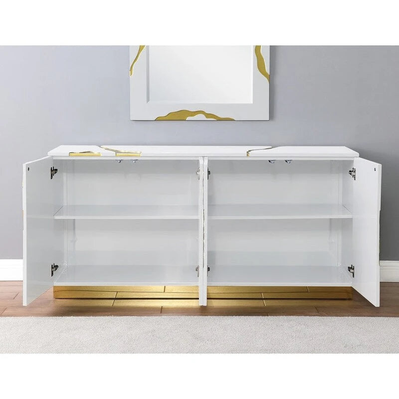 Credenza a 4 ante alta 66 pollici, laccata lucida, con base dorata e ripiani regolabili