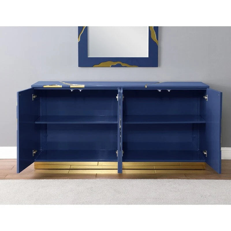 Credenza a 4 ante alta 66 pollici, laccata lucida, con base dorata e ripiani regolabili