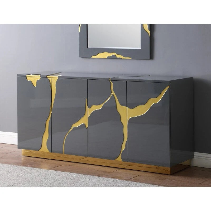 Credenza a 4 ante alta 66 pollici, laccata lucida, con base dorata e ripiani regolabili