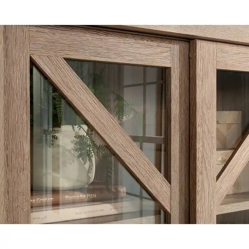 Bücherregal im Landhausstil mit Schiebetüren aus gehärtetem Glas und Aktenschublade