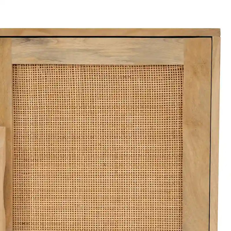3-türiger Schrank aus natürlichem Mangoholz und Rohrgeflecht mit Metallbasis