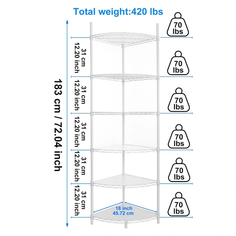 Scaffale angolare a griglia regolabile a 6 ripiani - Capacità di 420 lb