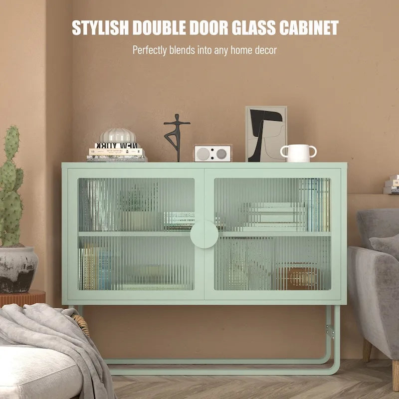Sideboard mit Schrank aus gehärtetem Glas, 2 verstellbaren Ablagen, U-förmigen Beinen, Kippschutz und staubdichtem geschlossenem Stauraum für das Wohnzimmer