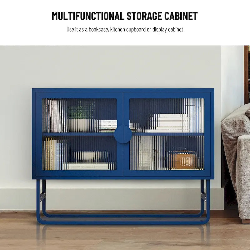 Sideboard mit Schrank aus gehärtetem Glas, 2 verstellbaren Ablagen, U-förmigen Beinen, Kippschutz und staubdichtem geschlossenem Stauraum für das Wohnzimmer