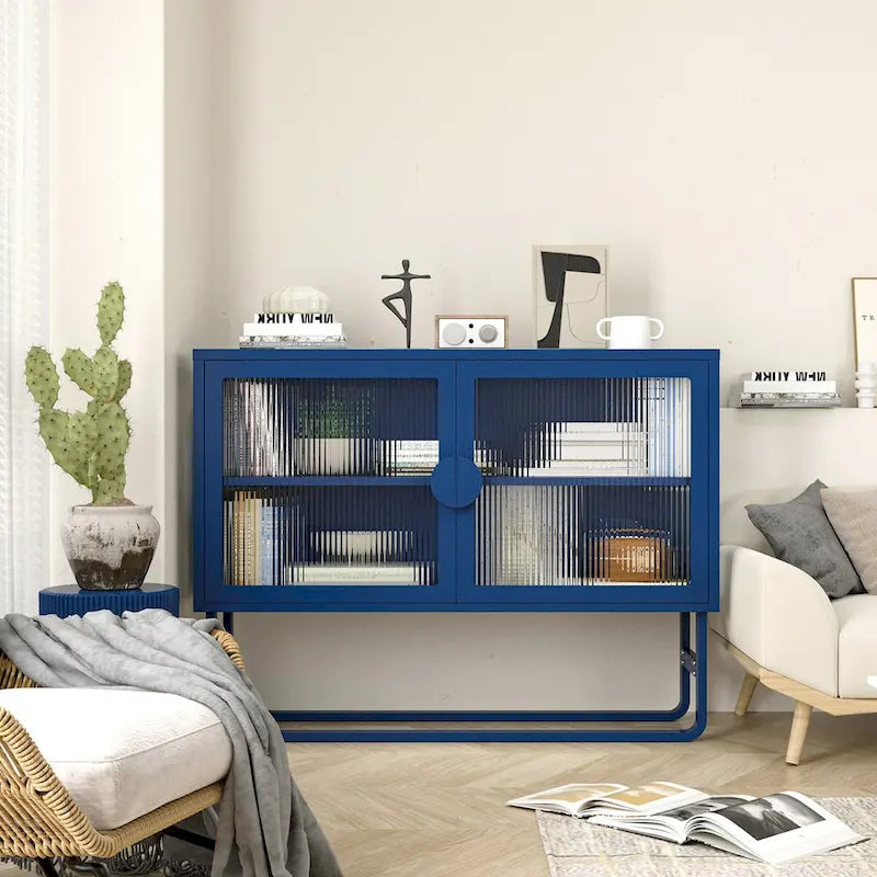 Sideboard mit Schrank aus gehärtetem Glas, 2 verstellbaren Ablagen, U-förmigen Beinen, Kippschutz und staubdichtem geschlossenem Stauraum für das Wohnzimmer