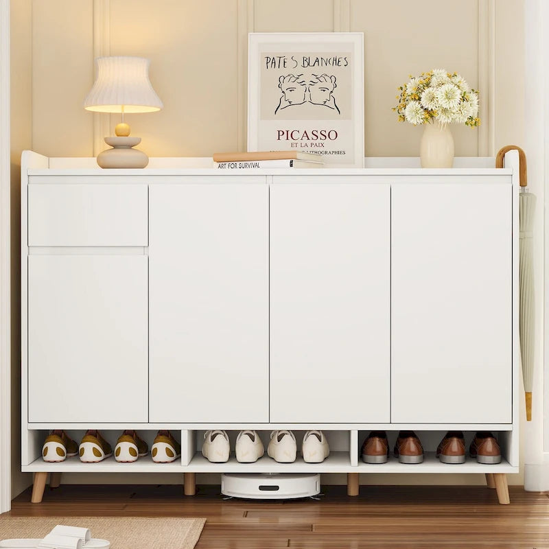 Schuhschrank mit verstellbaren Einlegeböden, minimalistischer Organizer für zu Hause mit Beinen aus Massivholz, Aufbewahrungs-Sideboard