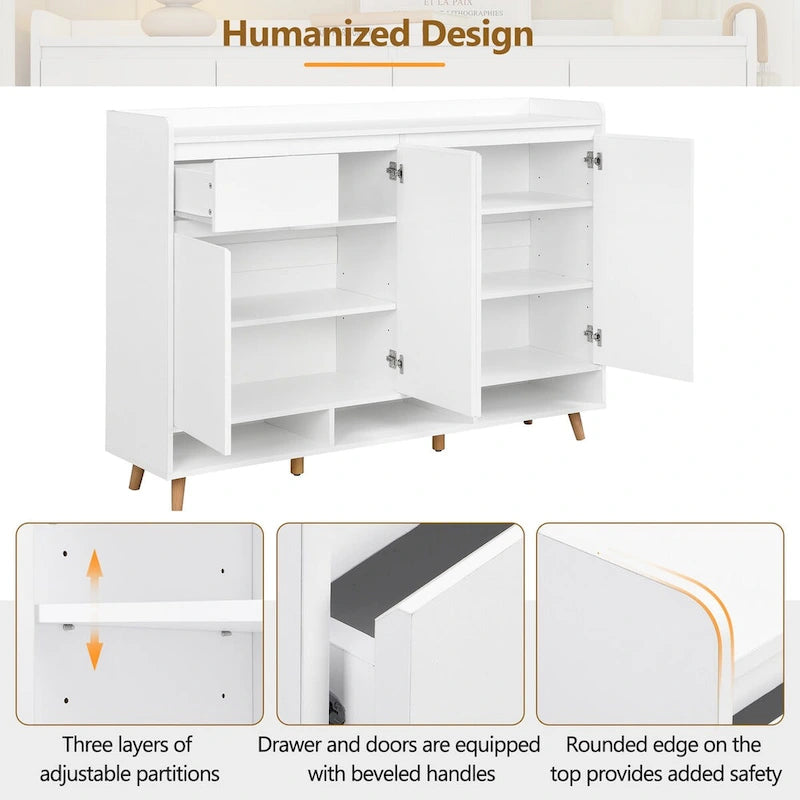Schuhschrank mit verstellbaren Einlegeböden, minimalistischer Organizer für zu Hause mit Beinen aus Massivholz, Aufbewahrungs-Sideboard