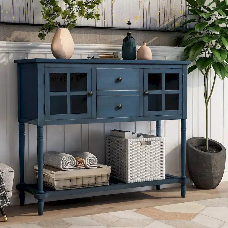 Sideboard-Konsolentisch im Landhausstil mit Schränken mit Glasfront und Schubladen