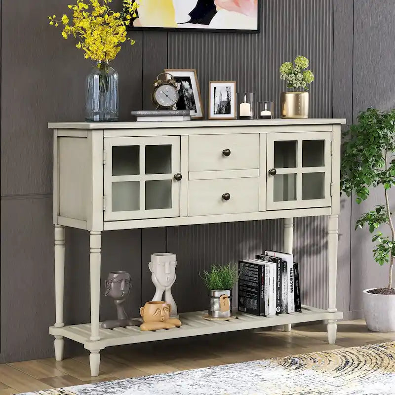 Sideboard-Konsolentisch im Landhausstil mit Schränken mit Glasfront und Schubladen