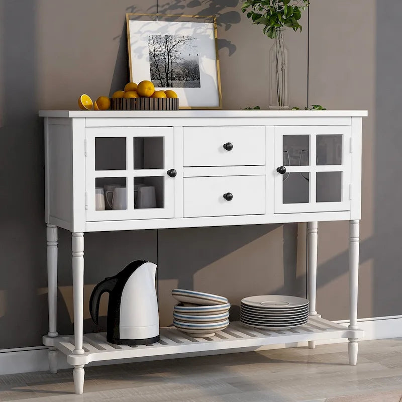 Sideboard-Konsolentisch im Landhausstil mit Schränken mit Glasfront und Schubladen