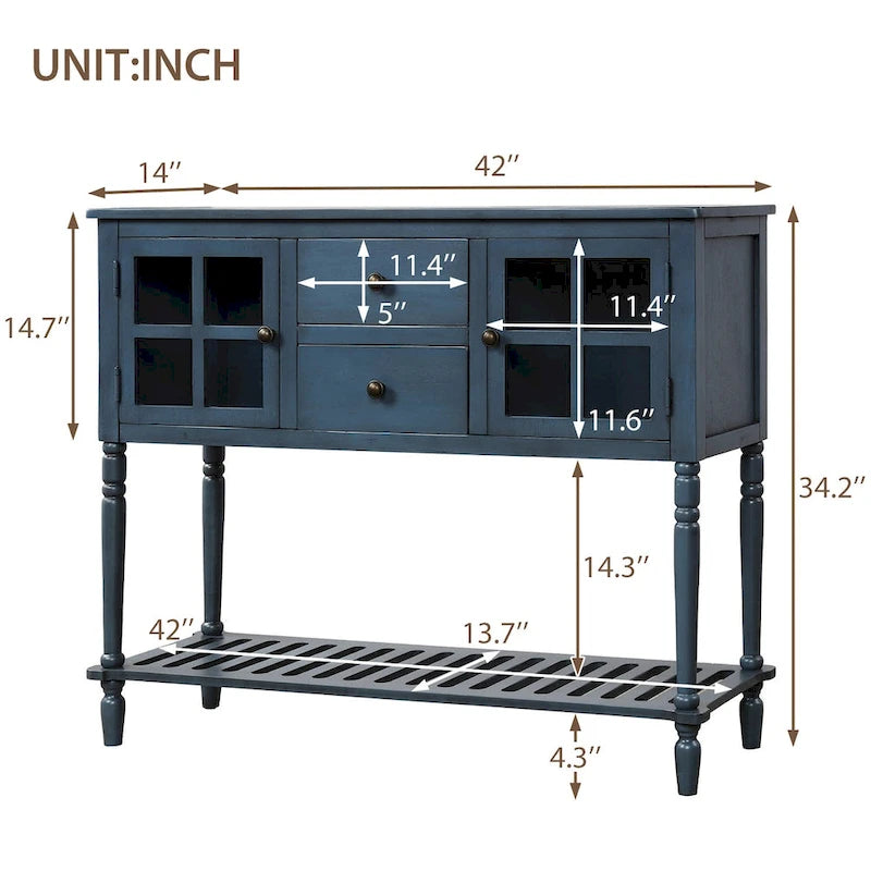 Sideboard-Konsolentisch im Landhausstil mit Schränken mit Glasfront und Schubladen
