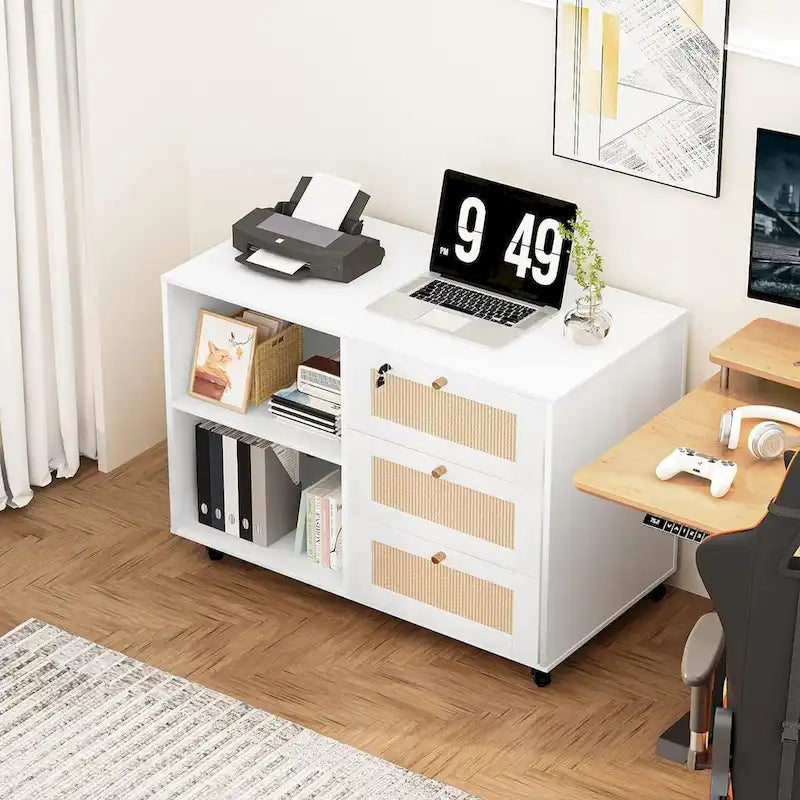 Aktenschrank mit Schubladen und Schloss, mobiler seitlicher Aktenschrank mit offenen Ablagefächern für das Homeoffice