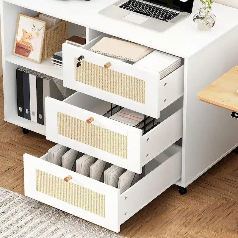 Aktenschrank mit Schubladen und Schloss, mobiler seitlicher Aktenschrank mit offenen Ablagefächern für das Homeoffice