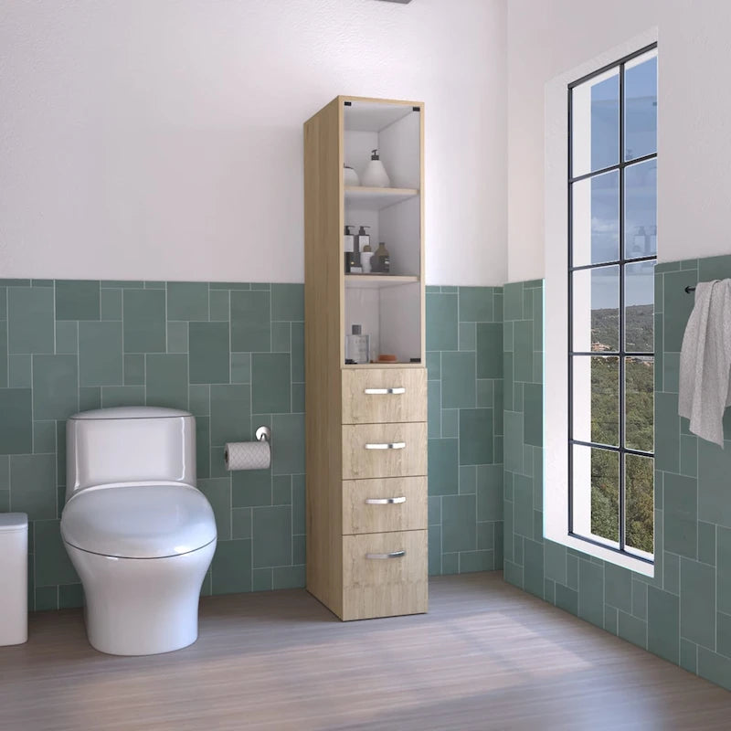 Moderner Handtuchschrank für das Badezimmer, drei Einlegeböden, vier Schubladen - helles Kiefernholz/Weiß