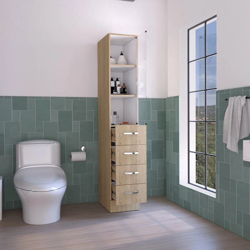 Moderner Handtuchschrank für das Badezimmer, drei Einlegeböden, vier Schubladen - helles Kiefernholz/Weiß