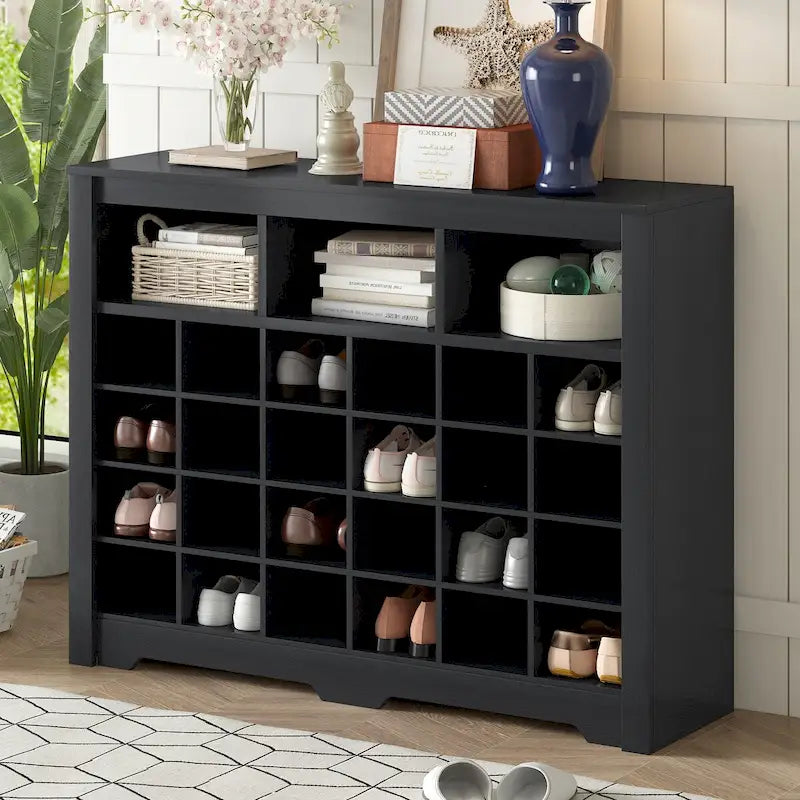 Schlanke 24-Fächer-Schuhkonsole, moderner Schuhschrank mit geschwungenem Sockel, vielseitiges Sideboard mit hochwertiger Verarbeitung für den Flur