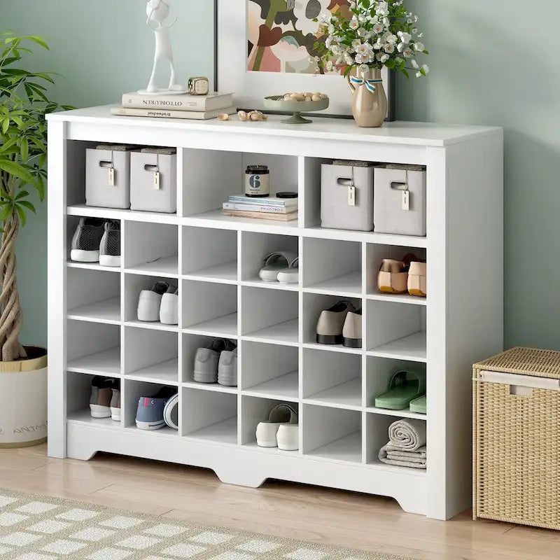 Schlanke 24-Fächer-Schuhkonsole, moderner Schuhschrank mit geschwungenem Sockel, vielseitiges Sideboard mit hochwertiger Verarbeitung für den Flur