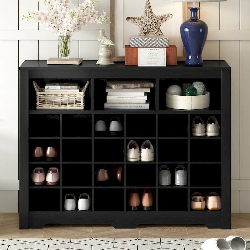 Schlanke 24-Fächer-Schuhkonsole, moderner Schuhschrank mit geschwungenem Sockel, vielseitiges Sideboard mit hochwertiger Verarbeitung für den Flur