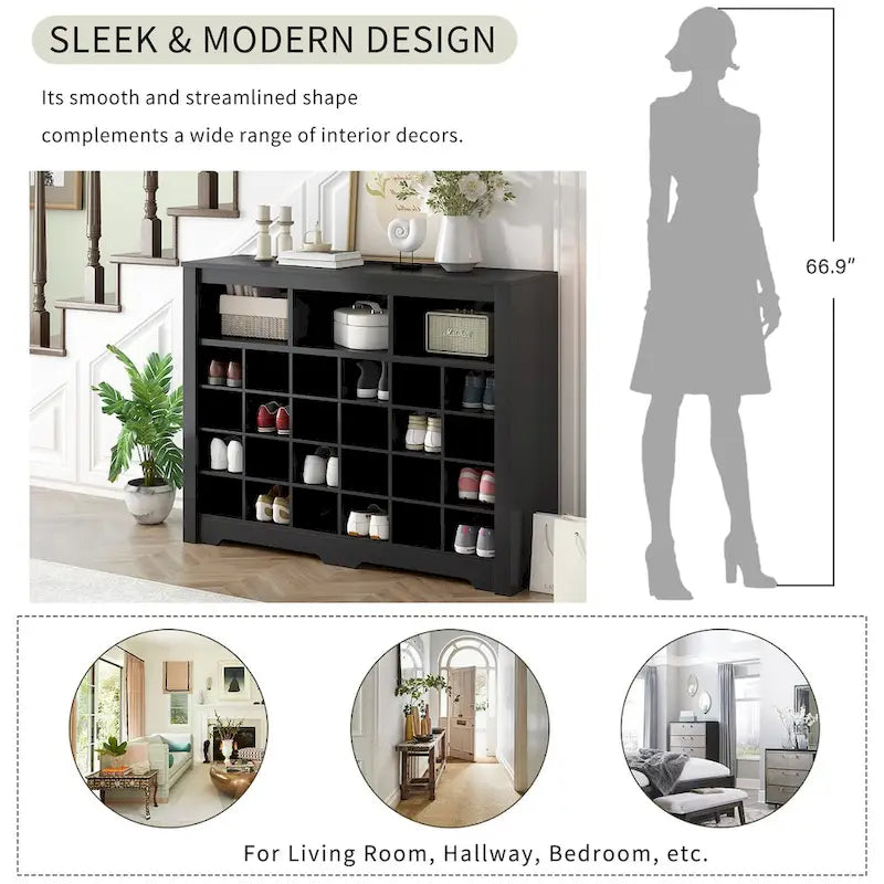 Schlanke 24-Fächer-Schuhkonsole, moderner Schuhschrank mit geschwungenem Sockel, vielseitiges Sideboard mit hochwertiger Verarbeitung für den Flur