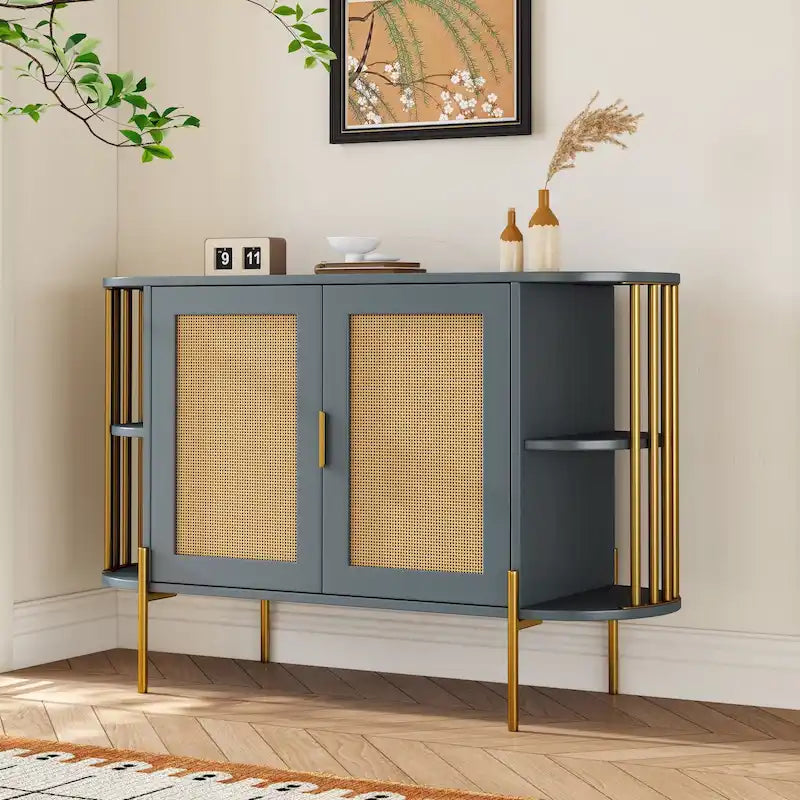 Elegante mobiletto da pranzo curvo a 2 ante con bordi dorati e ante in rattan intrecciato per sala da pranzo