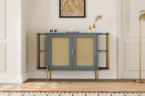 2-Door Elegant Curved Dining Cabinet with Gold Trim and Woven Rattan Doors for Dining Room