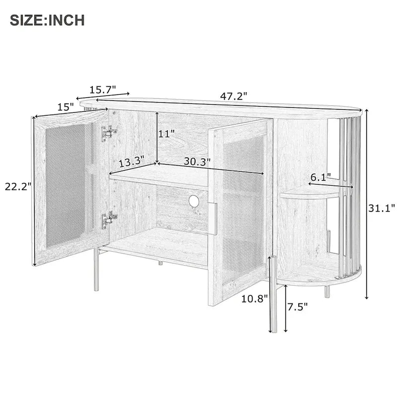 Elegante mobiletto da pranzo curvo a 2 ante con bordi dorati e ante in rattan intrecciato per sala da pranzo